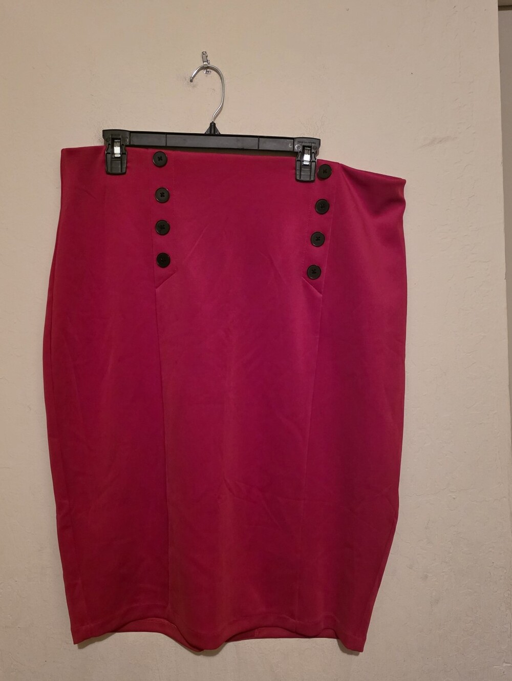 NY & C Red Solid Knit Pencil Skirt XL Knee Length Button Accent Zip Slit